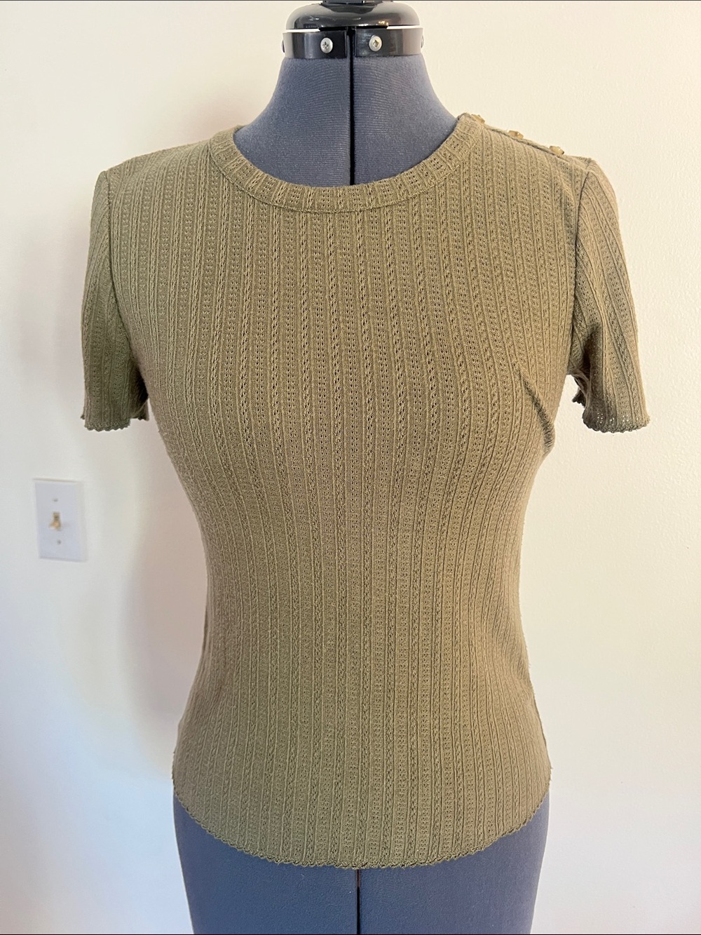 Veronica Beard DRAYA Ribbed Knit Olive Green Short Sleeve Knit Top